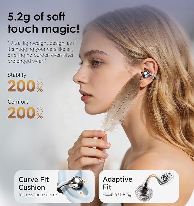 King Lucky Clip-On Earbuds Gen 3, Open-Ear Wireless Bluetooth 6.0 Headphones with Mic, Secure Fit for Small Ears & Glasses Wearers, 50H Playtime, ENC, IPX5 Waterproof Sport Ear Buds (Black)