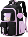 PIG PIG GIRL Kids Backpack for Girls School Bags for Middle School Students Book Bag for Elementary Primary Kawaii Ita Backpack, Black and Purple
