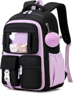 PIG PIG GIRL Kids Backpack for Girls School Bags for Middle School Students Book Bag for Elementary Primary Kawaii Ita Backpack, Black and Purple