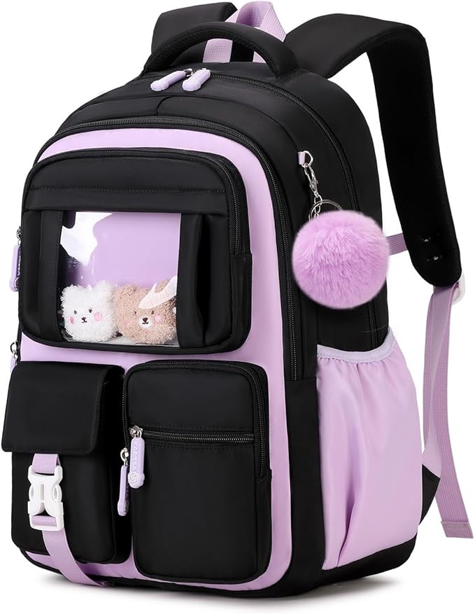 PIG PIG GIRL Kids Backpack for Girls School Bags for Middle School Students Book Bag for Elementary Primary Kawaii Ita Backpack, Black and Purple