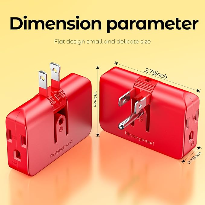 Red 3-Prong Outlet Splitter & Plug Extender - Converts 2 to 3 & 3 to 2 Prong, Multi-Plug Wall Adapter, Side Plugs for Wall Outlet, Rotating Outlet Adapter, 2 Pack
