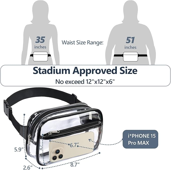Packism Clear Fanny Pack Stadium Approved - Plus Size 35-51 inches Adjustable Strap Clear Belt Bag for Women Men Transparent Waist Bag for Concerts, Sporting Events, Black