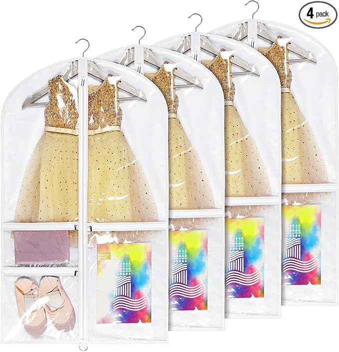 Univivi Dance Costume Garment Bag, 40 Inch Garment Bags for Dance Costumes Kids Dance Costume Bag with 3 Medium Clear Zipper Pockets for Dance Costumes, Hanging Clothes (White) - 4 Pack, UN0783