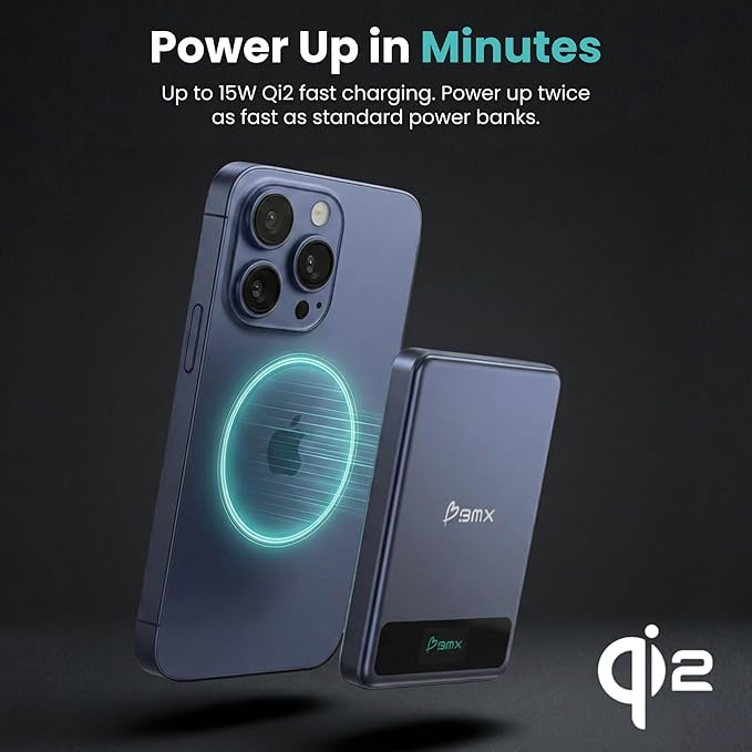 5K Magnetic Power Bank, Blue, Qi2 Certified 15W Wireless Charger, LCD Display, Ultra-Slim Solid-State Battery Pack for iPhone 17/16, Lightweight Travel, Everyday Use USB-C Portable Charger