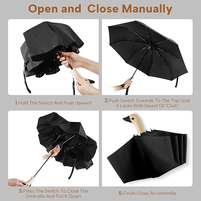 Compact Small Umbrellas for Rain&Sun, Cute Design Duck Head Umbrella for Girls Gifts, 8 Ribs Folding Umbrella with Wooden Handle