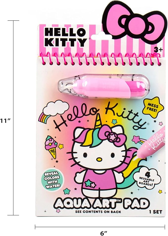 Hello Kitty Aqua Art Pad, 4 Art Pages, On The Go Reusable Water-Reveal Activity Pad, Mess Free Arts and Crafts, Paint with Water Brush Set, Kids Toys, Sanrio Stuff, Hello Kitty Craft Kits for Kids 3+
