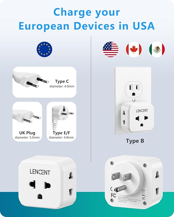 LENCENT 2 Pack EU to US Plug Adapter, European to USA Outlet Adaptor, Travel from Europe to American Outlet, 3 Outlet Extender, Wall Tap, Mini Charger Box, Travel Plug Converter