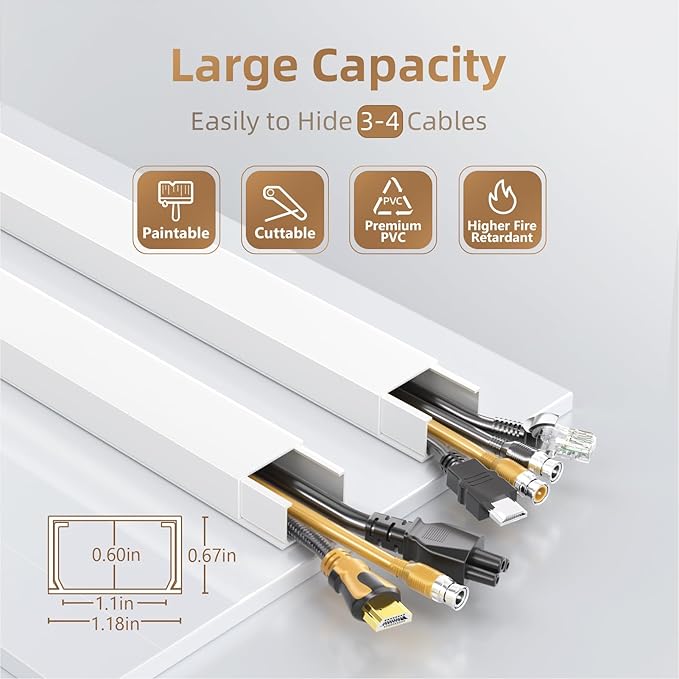 Delamu 94in Large Cable Hider, Cord Hider Cord Covers for Wire on Wall, Paintable Wire Covers Wire Hider for Cords on Wall, TV Cable Cover Raceway to Hide 3-4 Cords, 6xL15.7 W1.18 H0.67in, White