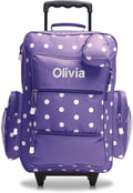Lillian Vernon Personalized Rolling Luggage for Kids, 5-Pocket Purple Polka Dot Design Suitcase Set With Clip-On Pouch, Customizable Girls Travel Carrier on Wheels, 6" W x 15.5" L x 21" H