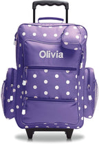 Lillian Vernon Personalized Rolling Luggage for Kids, 5-Pocket Purple Polka Dot Design Suitcase Set With Clip-On Pouch, Customizable Girls Travel Carrier on Wheels, 6" W x 15.5" L x 21" H