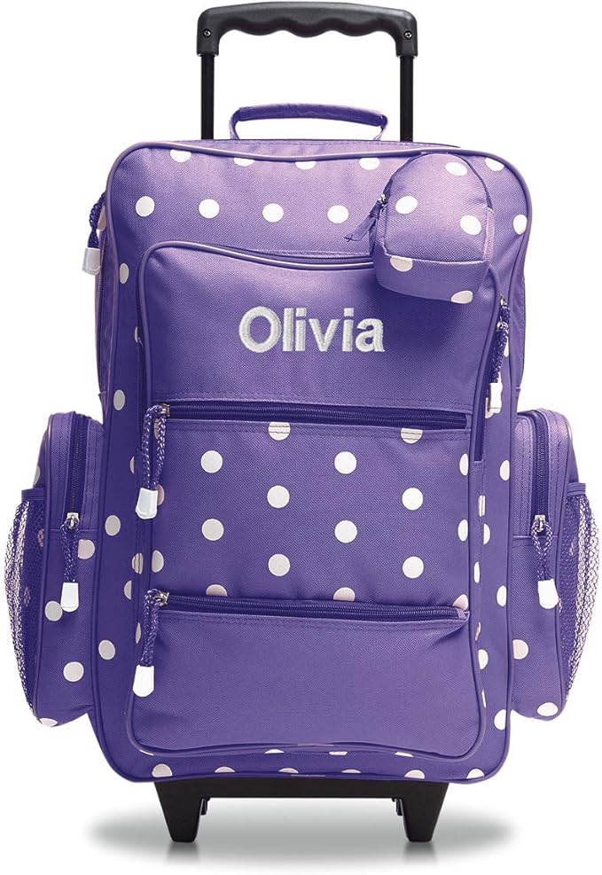 Lillian Vernon Personalized Rolling Luggage for Kids, 5-Pocket Purple Polka Dot Design Suitcase Set With Clip-On Pouch, Customizable Girls Travel Carrier on Wheels, 6" W x 15.5" L x 21" H