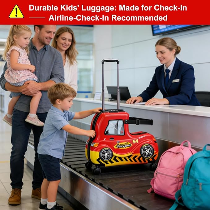 24 Inch Kid Ride Suitcase,Kid Luggage Seat Ride With Lock - Kids Travel Trolley With Safety Belt, Kids Luggage With Wheels Child Stroller Spinner Luggages, ABS+PC (Red Car, 5-12 Years)