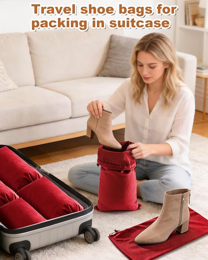 4 Pcs Single Shoe Bags for Travel, 17.3"x8.6" Washable Travel Shoe Bags for Packing in Suitcase, Velvet Dust Bag with Drawstring, Shoe Pouch for Women and Men, Travel and Home Storage (Rio Red)