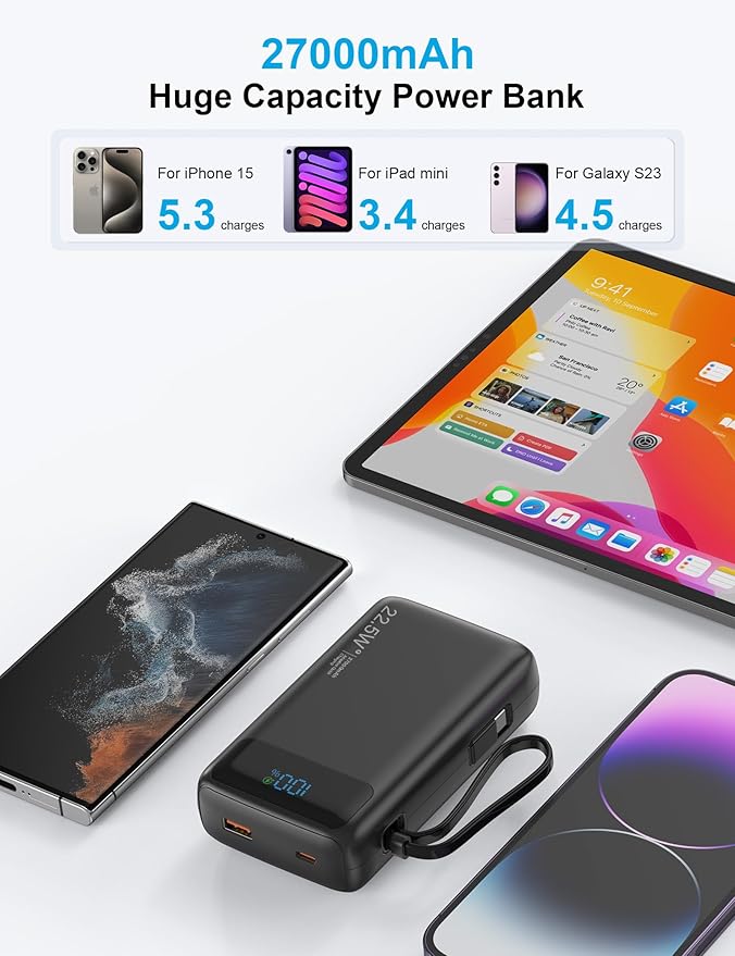 Portable Charger, 27000mAh 22.5W Fast Charging Power Bank with Built-in Cable, USB C Battery Pack with LED Display/Flash Light, Travel Essential External Battery Charger Bank for iPhone Samsung Black