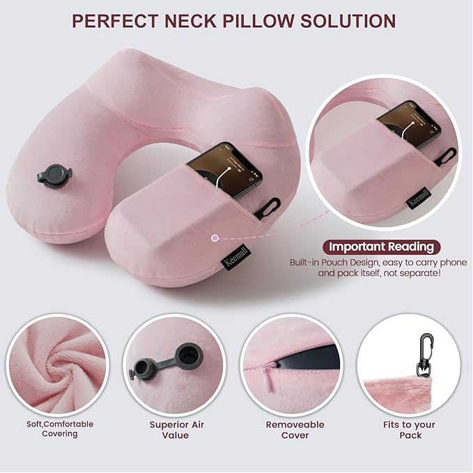 Keemall Inflatable Travel Pillow, Premium Soft Pink Velvet Neck Pillow, Washable Lightweight Portable Travel Essentials for Flight Road Trip Camping Office, Ideal Travel Gift for Women Girls