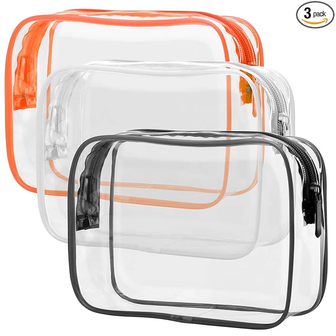 PACKISM Clear Toiletry Bag - 3 Pack TSA Approved Toiletry Bag Quart Size Bag, Travel Makeup Cosmetic Bag for Women Men, Carry on Airport Airline Compliant Bag, Black, White, Orange