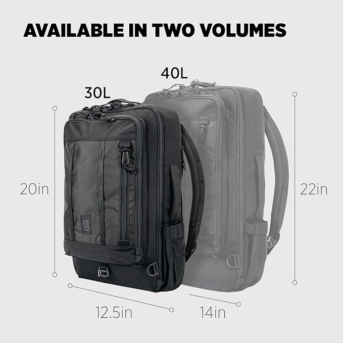 Topo Designs Global Travel Bag – 30L or 40L - Carry-On Compliant Most Airlines, Durable Travel Duffel Bag, Clam Shell Main Pocket, Laptop Sleeve, Backpack, Luggage (30L / Black)