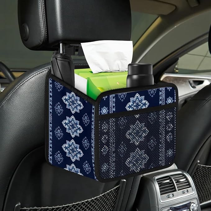 Car Backseat Organizer, PU Leather Back of Seat Cars Hanging Organizer with Pockets Leakproof Car Garbage Bags Hanging Car Seat Storage Box Travel Accessories Foldable (Tribal-floral Vintage Blue)