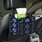 Car Backseat Organizer, PU Leather Back of Seat Cars Hanging Organizer with Pockets Leakproof Car Garbage Bags Hanging Car Seat Storage Box Travel Accessories Foldable (Tribal-floral Vintage Blue)