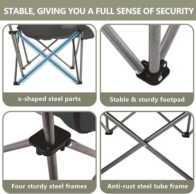 Colegence Oversized Camping Chairs Set of 2, Padded Camping Chair Heavy Duty Lawn Chairs for Adults, XL Foldable Camp Chair for Outdoor Sports, Baseball, Wide Seat Support 450LBS - Black and Grey