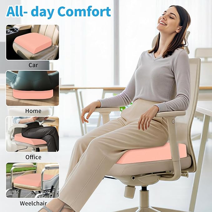 TranquilRelax XLarge Seat Cushion, Memory Foam Cushion for Long Sitting Hours on Office Chair, Home & Car, Non-Slip Chair Pad for Relieving Back & Sciatica & Hip & Coccyx Pain (Pink)
