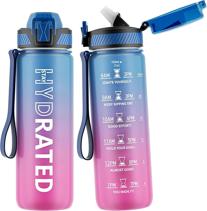 QLUR Water Bottle with Straw, 27oz Motivational Water Bottles with Time Marker to Drink, Tritan BPA Free, 750ml Sports Water Bottle with Carry Strap LeakProof for School Fitness Outdoor (1Pack)