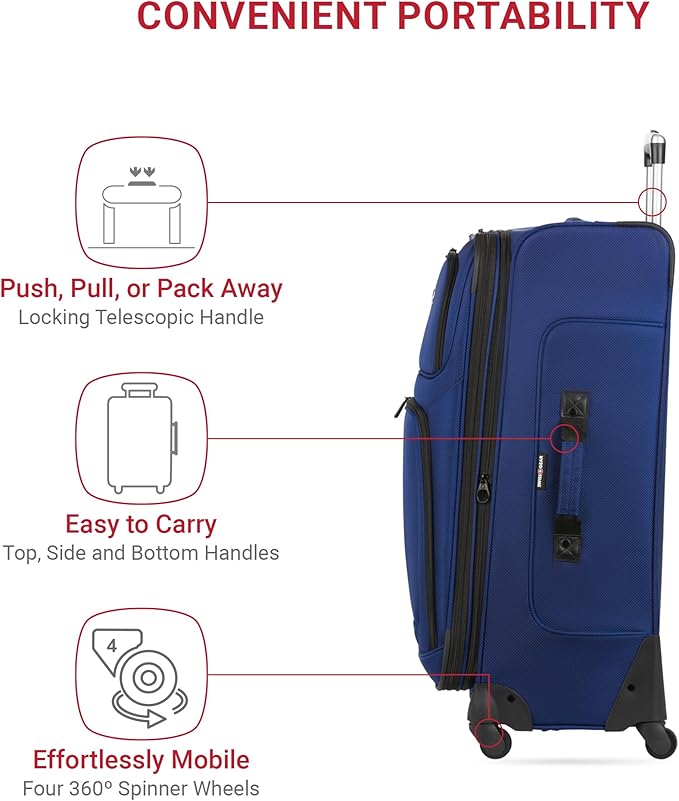 SWISSGEAR Sion Softside Expandable Spinner Luggage Durable Lightweight Travel Suitcase, Blue, 3-Piece Set (21/25/29)
