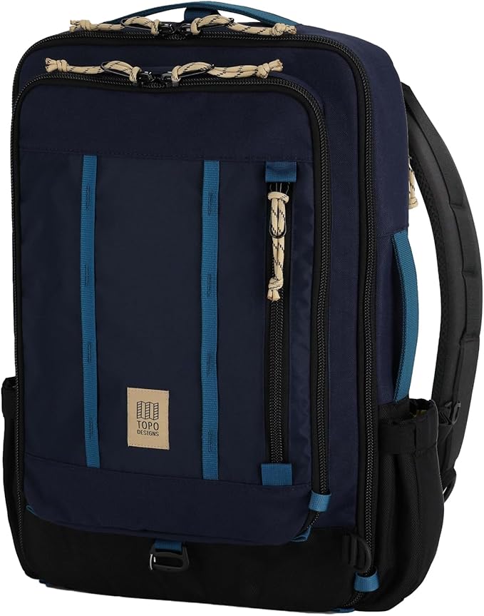 Topo Designs Global Travel Bag – 30L or 40L - Carry-On Compliant Most Airlines, Durable Travel Duffel Bag, Clam Shell Main Pocket, Laptop Sleeve, Backpack, Luggage (30L / Navy/Sahara)