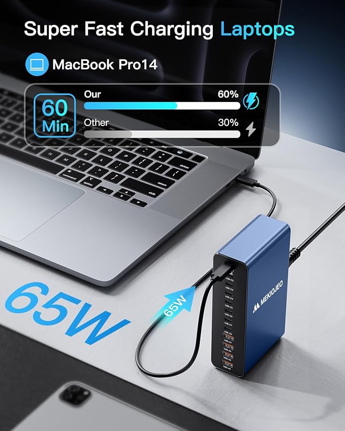 MEKIOJEO 12 Ports Aluminum Alloy 380W Charging Station Fast USB C Charger Block 65W Laptop GaN Charger for MacBook Pro/Air/iPad Pro/iPhone (Blue)