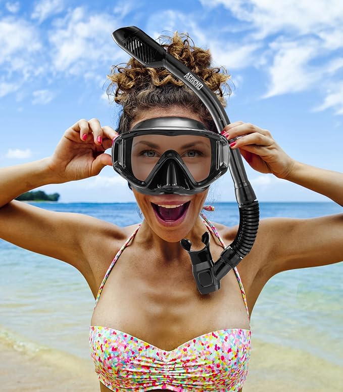 Aegend Snorkeling Gear for Adults Youth Kids, Snorkel Mask with Top Dry Valve - Panoramic View Anti-Leak and Anti-Fog with Mesh Bag for Snorkeling, Scuba Diving, Freediving & Swimming