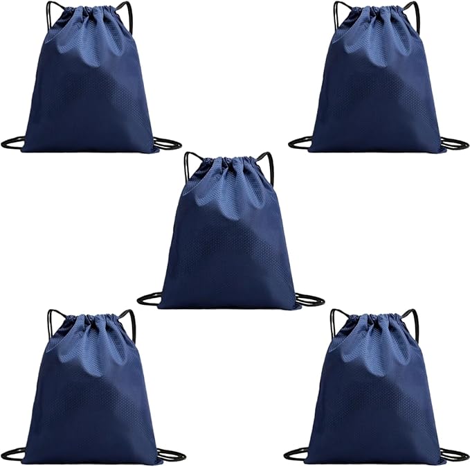 5-Pack Waterproof Drawstring Backpacks, Soccer-Texture Oxford Fabric, 16.9" × 13.8", Lightweight 0.20 lb Each, No Eyelets, Gym & Marathon Gear Sacks(Navy Blue)