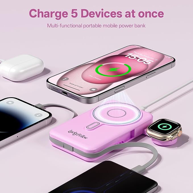 Magnetic Portable Charger Built-in Cables,10000mAh Fast Charging Wireless Charger Station External Battery Pack Slim Pocket Size Power Bank with Stand Compatible with iWatch, iPhone