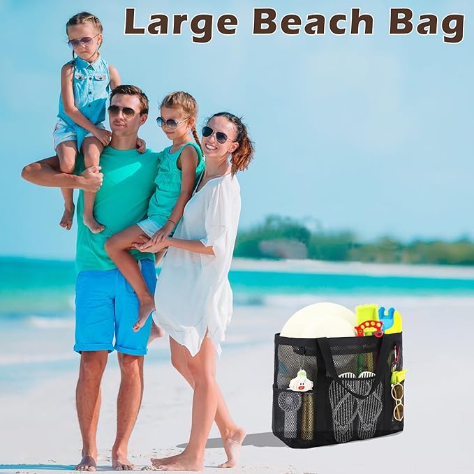 Fammart Mesh Beach Bag with Zipper, Large Beach Tote for Women, Toys Pool Swim Bag Travel Vacation Cruise Essentials