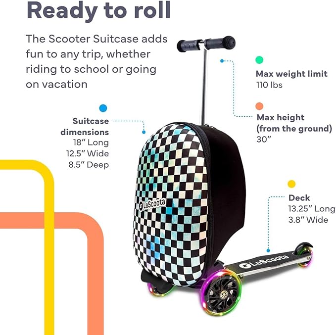 Lascoota Scooter Suitcase - Ride Suitcase for Kids - Carry Luggage & Kid Scooter - Lightweight Luggage with LED Lights - Checkered, 24 x 15 x 19 in, Unisex Child