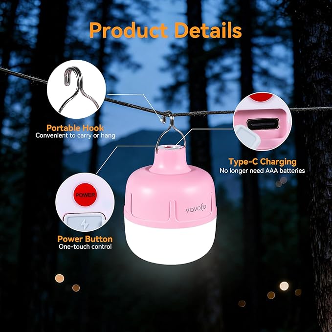 VAVOFO 20W LED Camping Lantern Rechargeable, 1200LM Camping Light, 3000mAh Portable Tent Light , IP65 Waterproof Flashlight Lanterns for Emergencies ,Power Outages,Hiking (Pink)