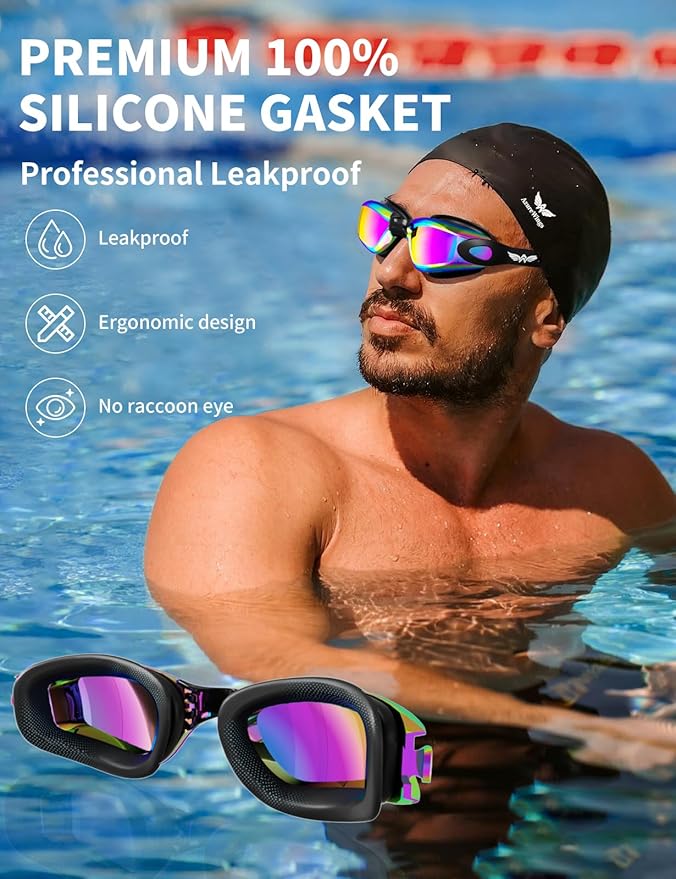 7 in 1 Swim Goggles + Swim Cap for Men Women,No Leak Anti-Fog & UV, Wide Visio HD Mirror PC Lens