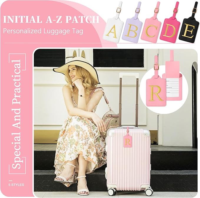 Personalized Initial Luggage Tags for Suitcase, Pink Leather Cute Luggage Tags with Privacy Cover Name Card, Embroidered Custom Monogrammed Luggage Tag Travel Bag Baggage Tags Gifts for Women Kids(R)