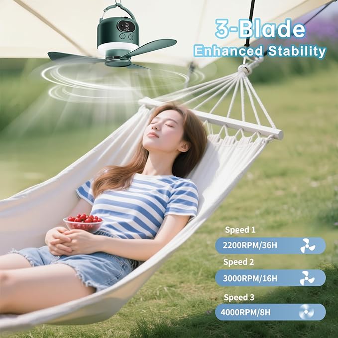Wireless Portable Ceiling Fan with Remote, 3-Blade Design, 10040mAh Battery Operated, USB Rechargeable Hanging Fan with Hook for Tent, Camping, Outdoor, Type-C Rechargeable (Green)