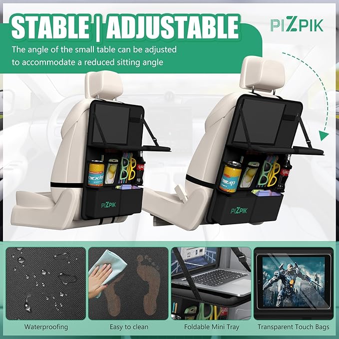 Plzpik Car Backseat Organizer with Tablet Holder,11 Storage Pockets with Foldable Food Tray, Protector Kick Mats for Kids, Travel Accessories Organizer (Black, 1Pack)