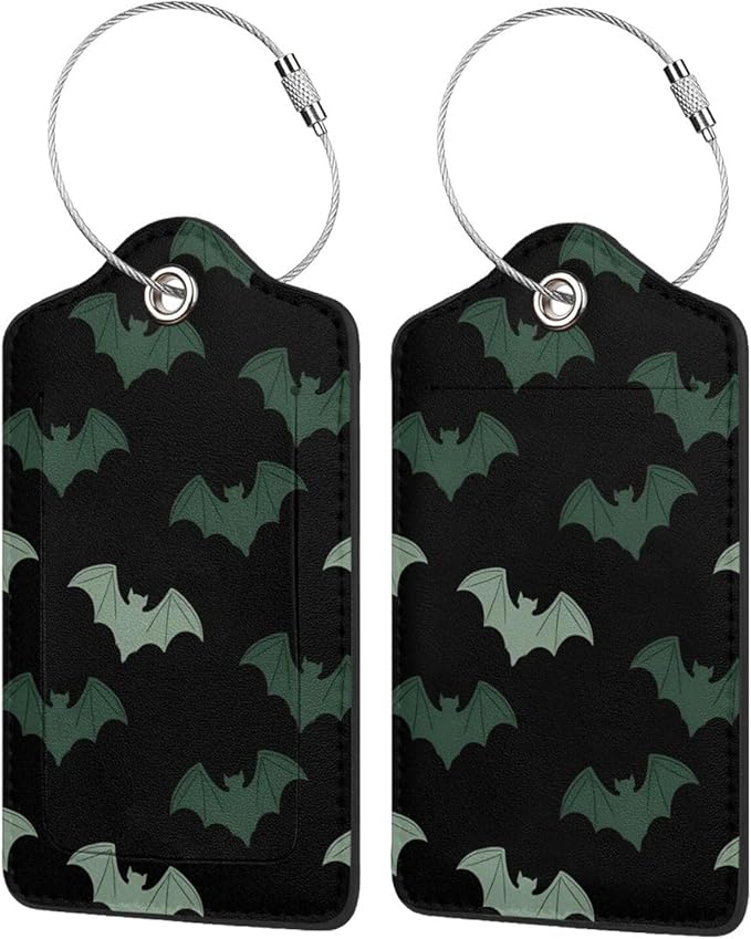 2 Pack Luggage Tags for Suitcases, PU Leather Bag Tag with Privacy Cover Address Card Travel Essentials-Bat Halloween