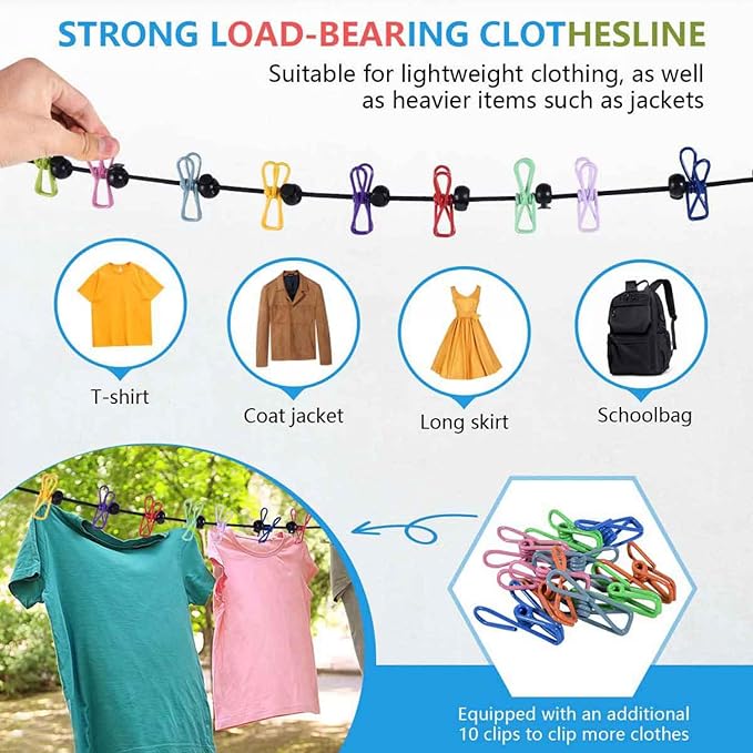 SenseYo 2 Set Retractable Portable Clothesline for Travel with 44 Clothespins, Camping Clothes line for Indoor Outdoor Balcony Hotel Room Laundry Drying