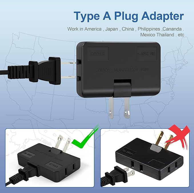 ETwinCoo 3-Way Flat Wall Outlet Extender & Splitter, 2-Prong Swivel Mini Plug - Safe AC Adapter for Home/Travel, Type A Black (2 Pack)