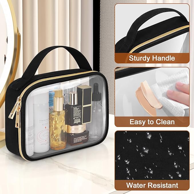 Wedama TSA Approved Toiletry Bag, 2 Pack Clear Makeup Bags with Handles, Quart Size Clear Toiletry Bags, PVC Cosmetic Bags for Women and Men, Carry on Airport Airline Compliant Bag, Black