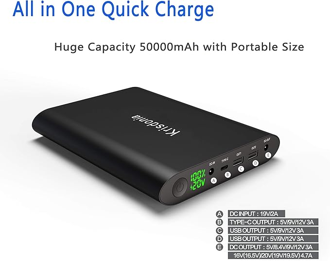 50000mAh Laptop Power Bank 5/9/12/16/19/20V Portable Laptop Battery Charger with QC3.0 USB-A Port & 12V Type-C Port for Laptop, Tablet, Smartphone and More Devices