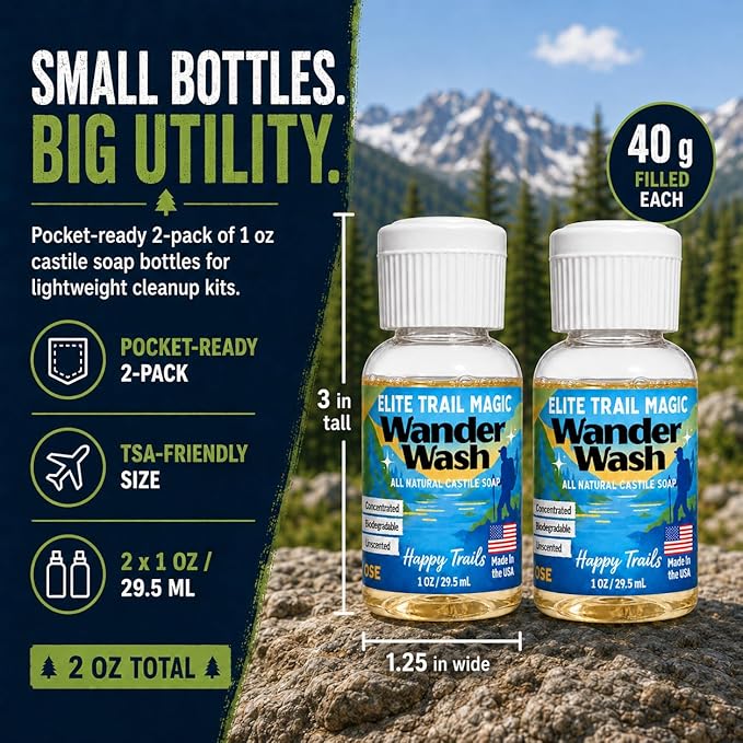 Elite Trail Magic- 2 pack- Made In USA- Wander Wash Biodegradable Castile Soap – Ultralight (2) 1 oz Concentrated Liquid Soap for Camping -Travel & Backpacking – All Purpose, Unscented (2)