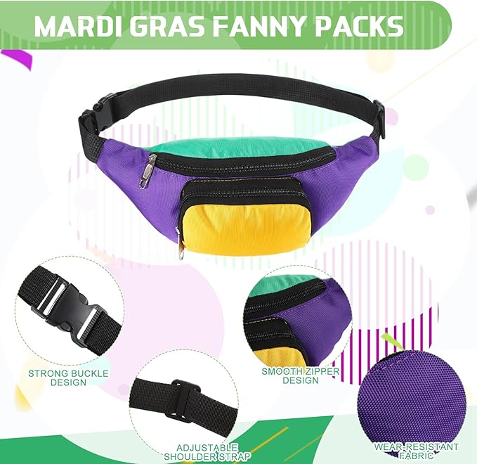 Abbylike 2 Pcs Mardi Gras Neon Fanny Packs Adjustable Waist Bags Party Outfit Accessories for Women Men Travelling Outdoors Cycling (Mardi Style)