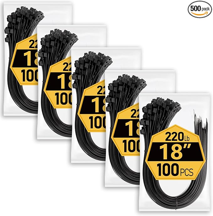 Large Zip Ties Heavy Duty 18 inch (500 Pack), 220 lb Tensile Strength for Outdoor Use, Black Cable Ties, Long Wire Ties by ANOSON