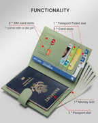 Karmiir RFID Slim Passport Holder for Women, Compact Leather Passport Wallet with Card Holders SIM Slots,Zippered Coins Pocket and Cash Compartment Travel Passport Cover Case, Light Green