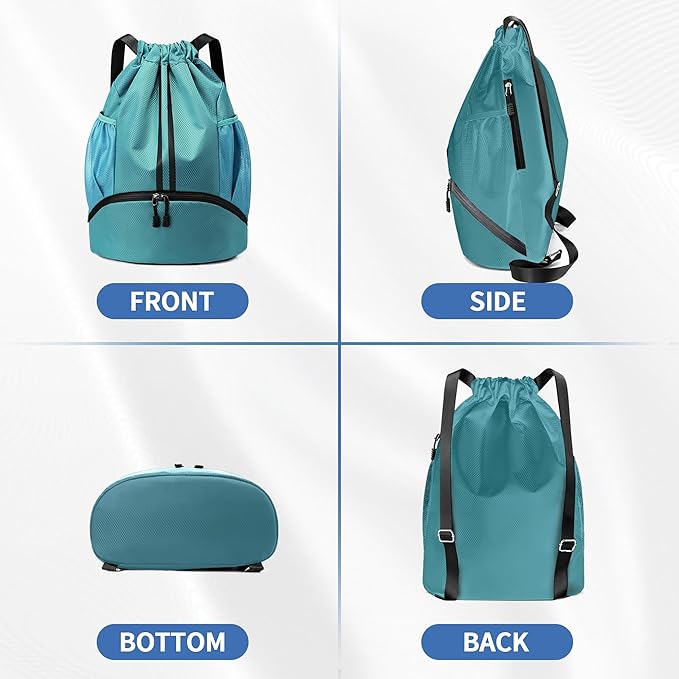JELUTAR Drawstring Backpack Gym Bag with Shoes Compartment for Soccer, Basketball, Swim, Water-Resistant String Backpack Beach Cinch for Women Men, Teal