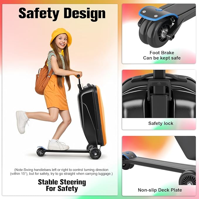 Scooter Luggage For Kids & Adults， Hardside Ride On Suitcase For Kids Ages 4-15 Multifunctional Lightweight Foldable Carry On Luggage With Wheels Ride On For Children Teenagers（Orange）
